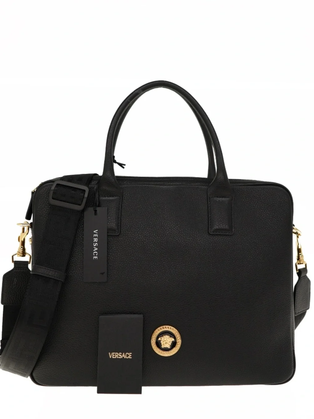 Versace Medusa Briefcase Document Case Black Grainy Leather New